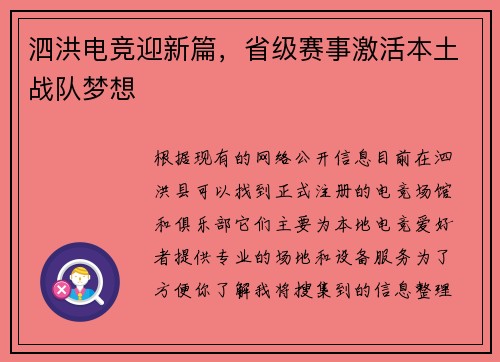 泗洪电竞迎新篇，省级赛事激活本土战队梦想
